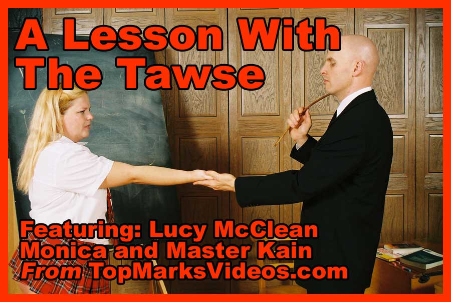 Strict male disciplinarian Master Kain delivering hard tawse strokes to outstretched palms of blonde schoolgirl Lucky McClean in her school uniform during intense corporal punishment session. Classic British style hand tawsing punishment from 'A Lesson With The Tawse