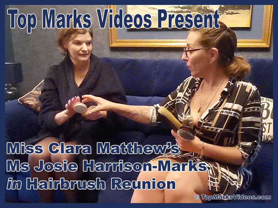 Hairbrush Reunion - Miss Clara Matthews Spanks Ms Josie Harrison-Marks Ms Josie Harrison-Marks gives Miss Clara Matthews a hairbrush spanking in the adult video Hairbrush Reunion. The two women sit on a blue sofa as Josie holds a wooden hairbrush, ready to punish Clara’s bare bottom in this playful spanking scene.