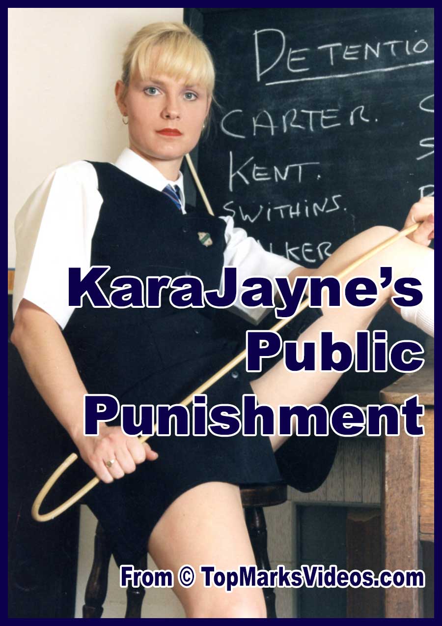 KaraJayne's Public Punishment - Naughty blonde schoolgirl in tight uniform skirt sits on a stool with legs spread, holding a cane in front of the detention board, about to receive a severe bare bottom caning