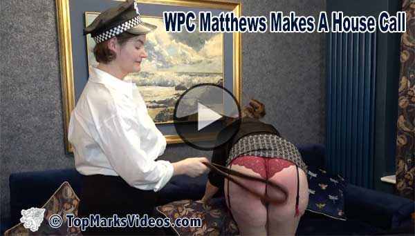 Fem Dom policewoman spanking video: WPC Matthews punishes a naughty woman's bare bottom with a leather strap. Classic British corporal punishment scene featuring uniform play and strict discipline. From Mistress Eleise Top Marks Videos